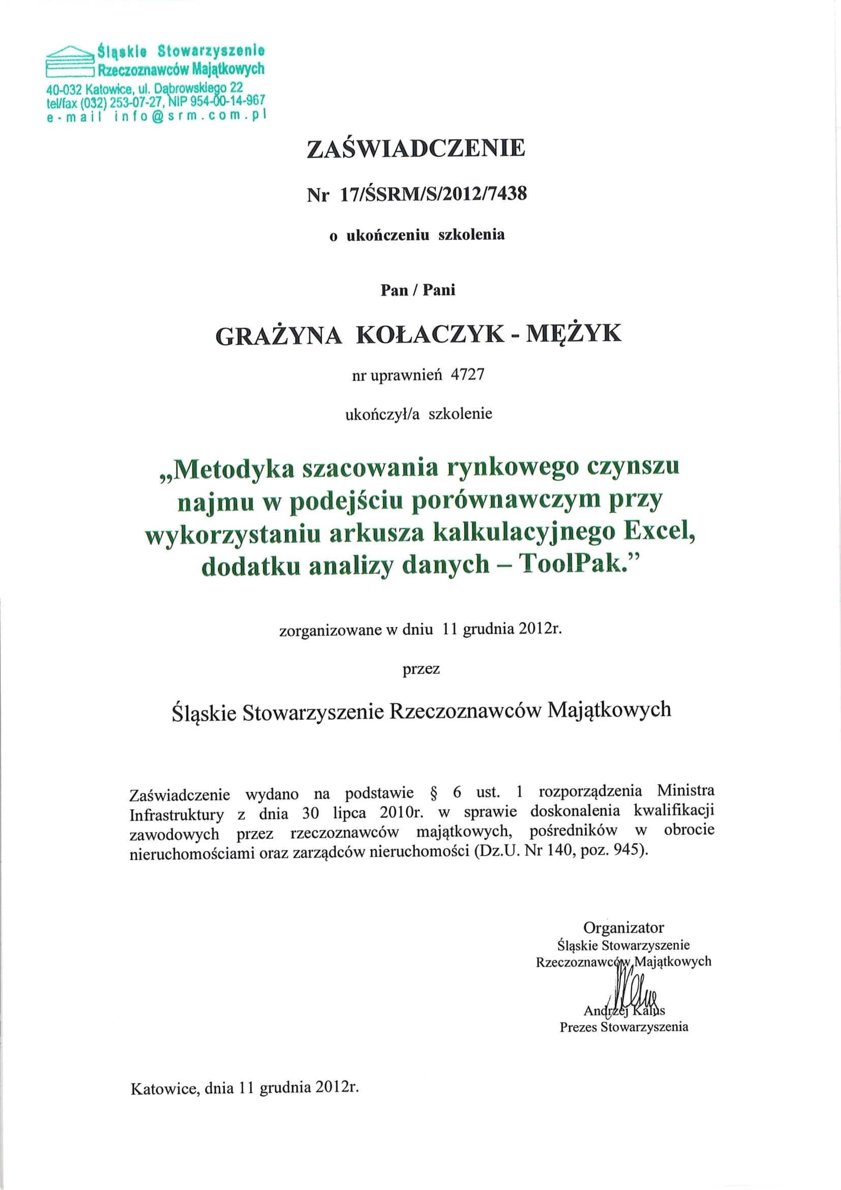 Metodyka szacowania rynkowego czynszu najmu w podejściu porównawczym przy wykorzystaniu arkusza kalkulacyjnego Excel dodatku Analizy danych ToolPak.