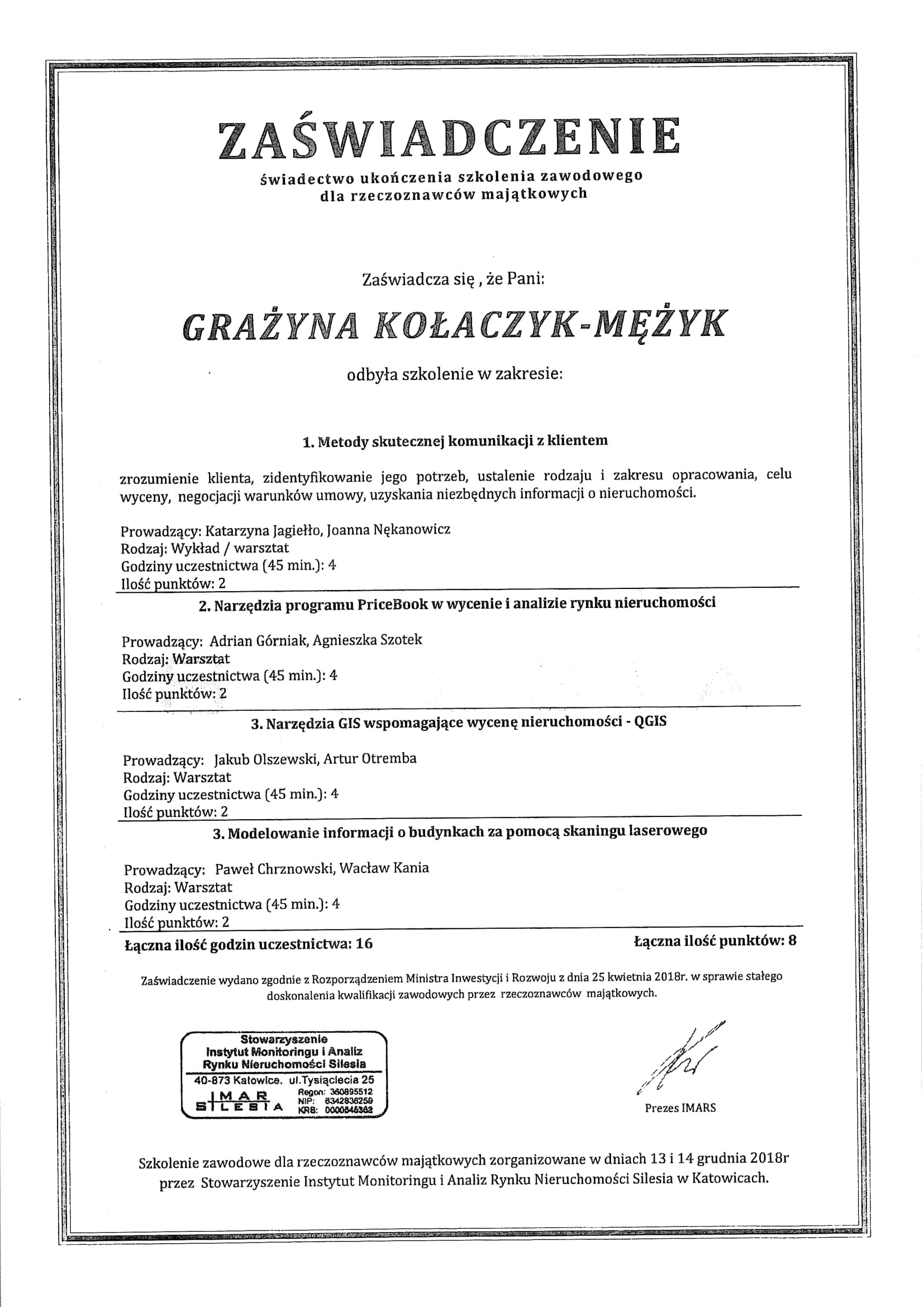 Świadectwo ukończenia szkolenia zawodowego dla rzeczoznawców majątkowych.