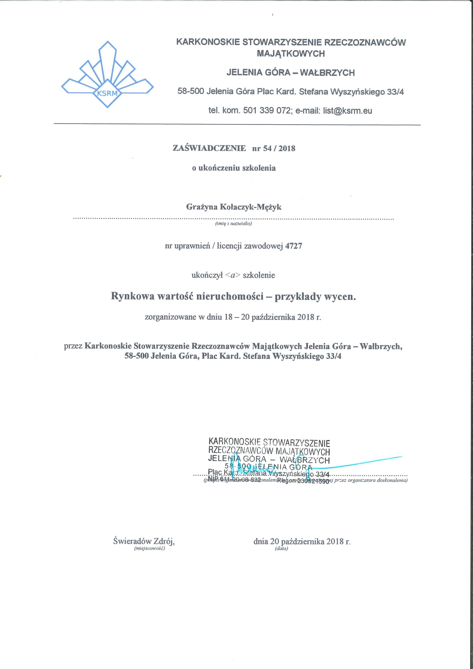Zaświadczenie o ukończeniu szkolenia rynkowa wartość nieruchomości.